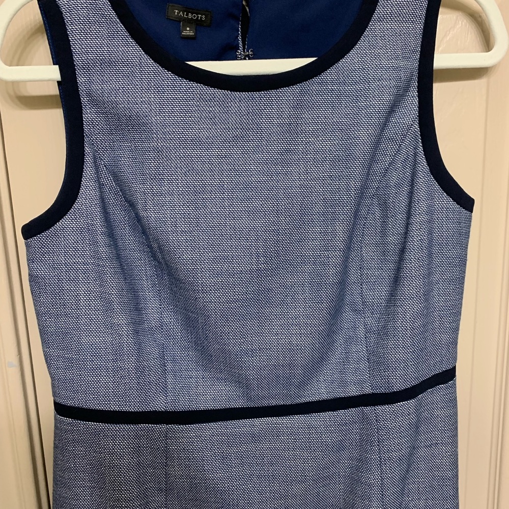 Blue tweed like sheath dress, fully lined, back tie, Size 8